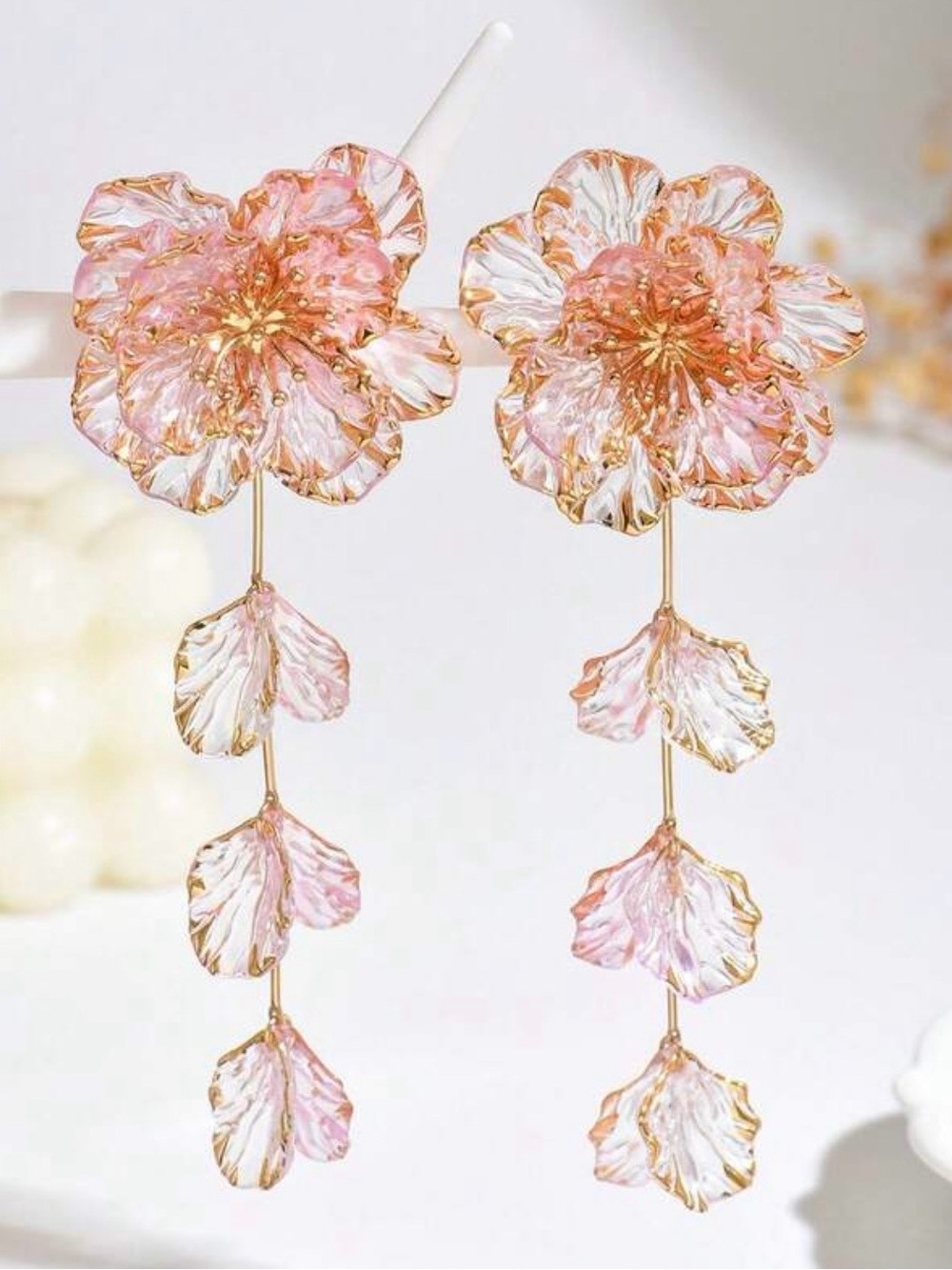 Blush Pink Floral Petal Drop Earrings - Picture 2 of 3